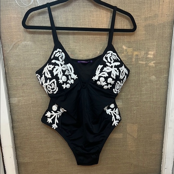 Amita Naithani black one piece swimsuit with white embroidery.  NWOT - Picture 1 of 7